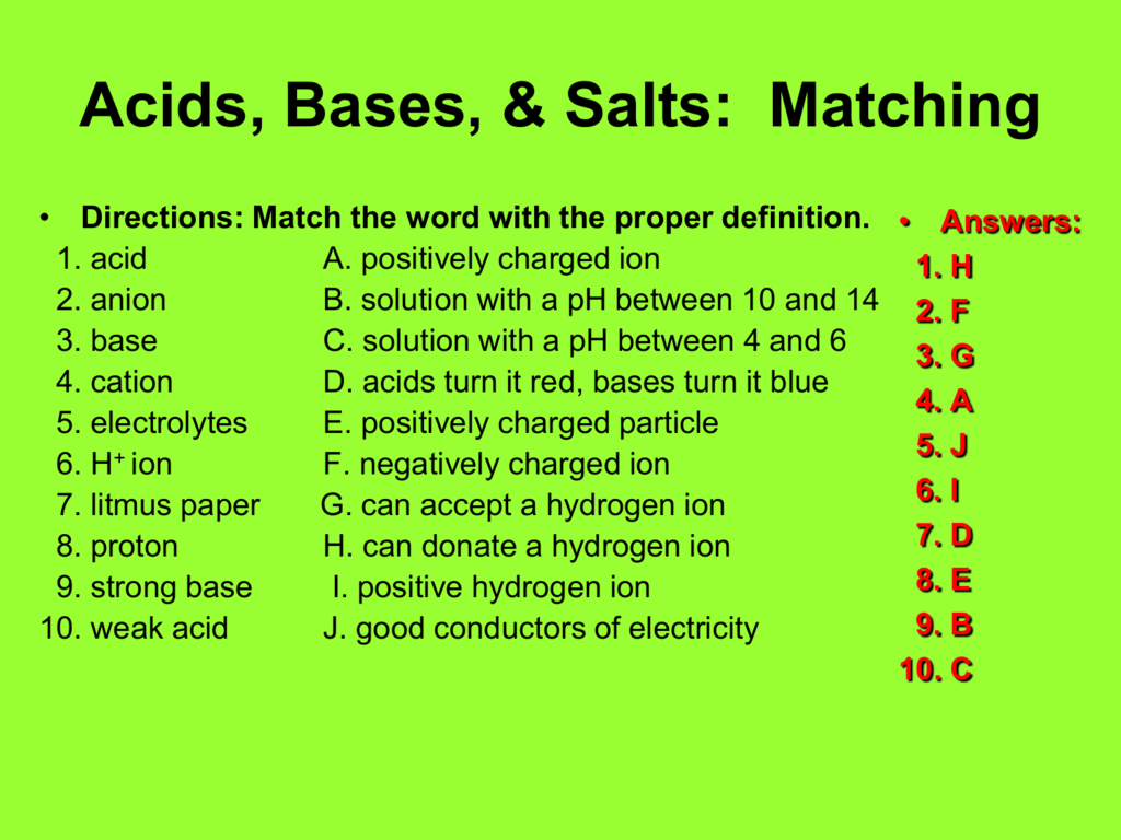 Proper definition. Acids and Bases. Acids Bases and Salts. Salts and acidity. Acids and Bases names.