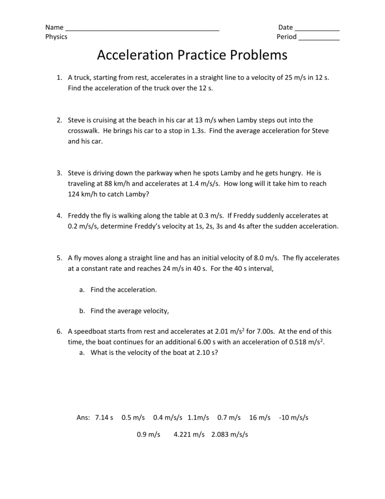 practice acceleration problems For Acceleration Practice Problems Worksheet