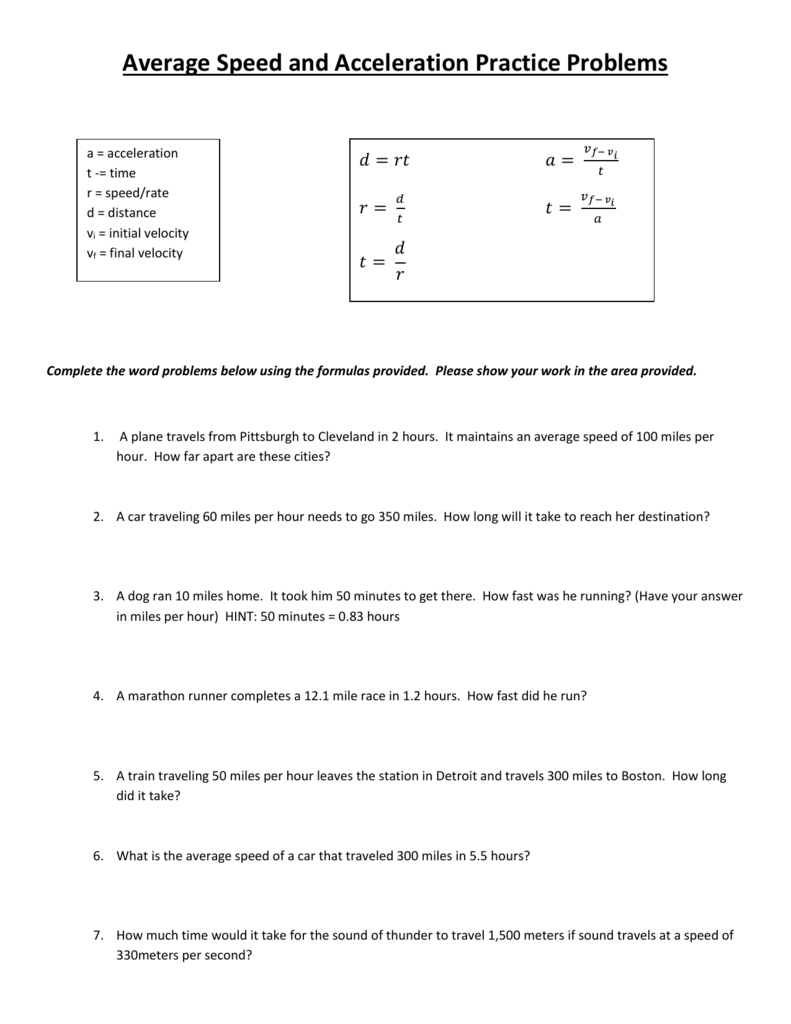 Average Speed and Acceleration Practice Problems In Acceleration Practice Problems Worksheet