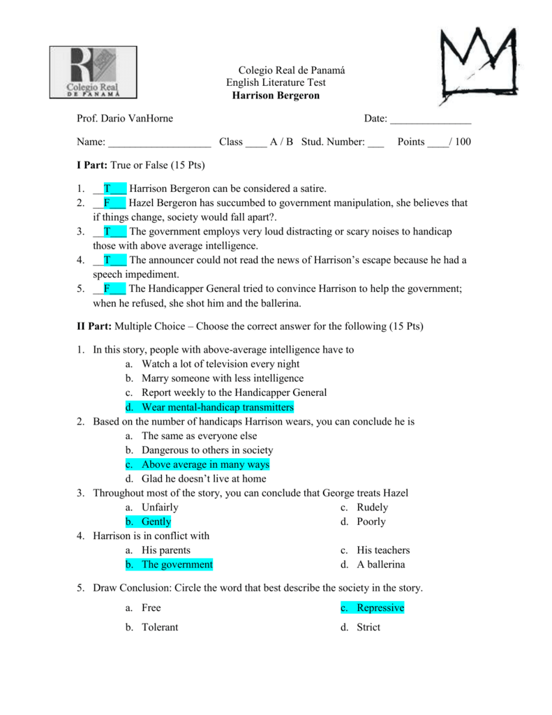 10th Grade 1st Trimester Test 1 Harrison Bergeron Answer Key