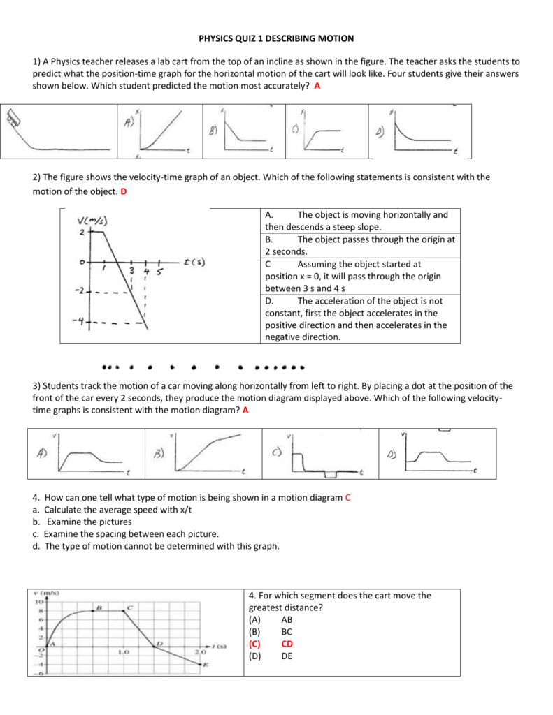 PHYSICS QUIZ 20 DESCRIBING MOTION ANSWERS Throughout Velocity Time Graph Worksheet Answers