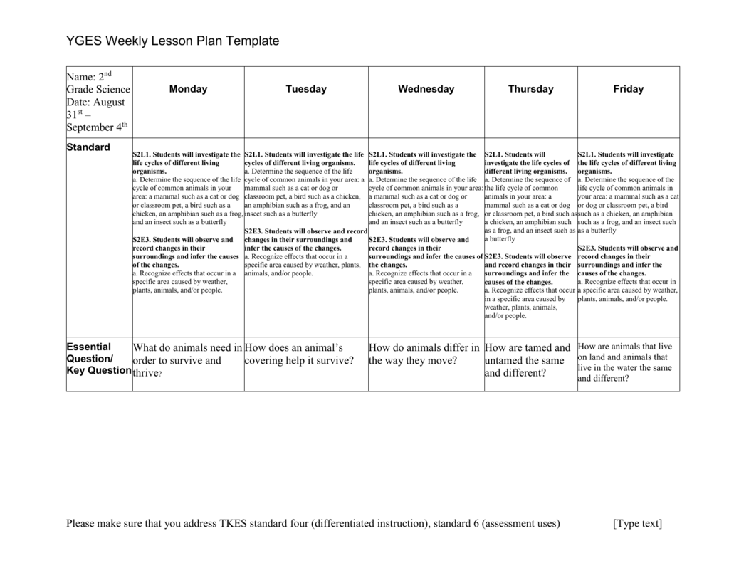 YGES Weekly Lesson Plan Template Name 2nd Grade Science