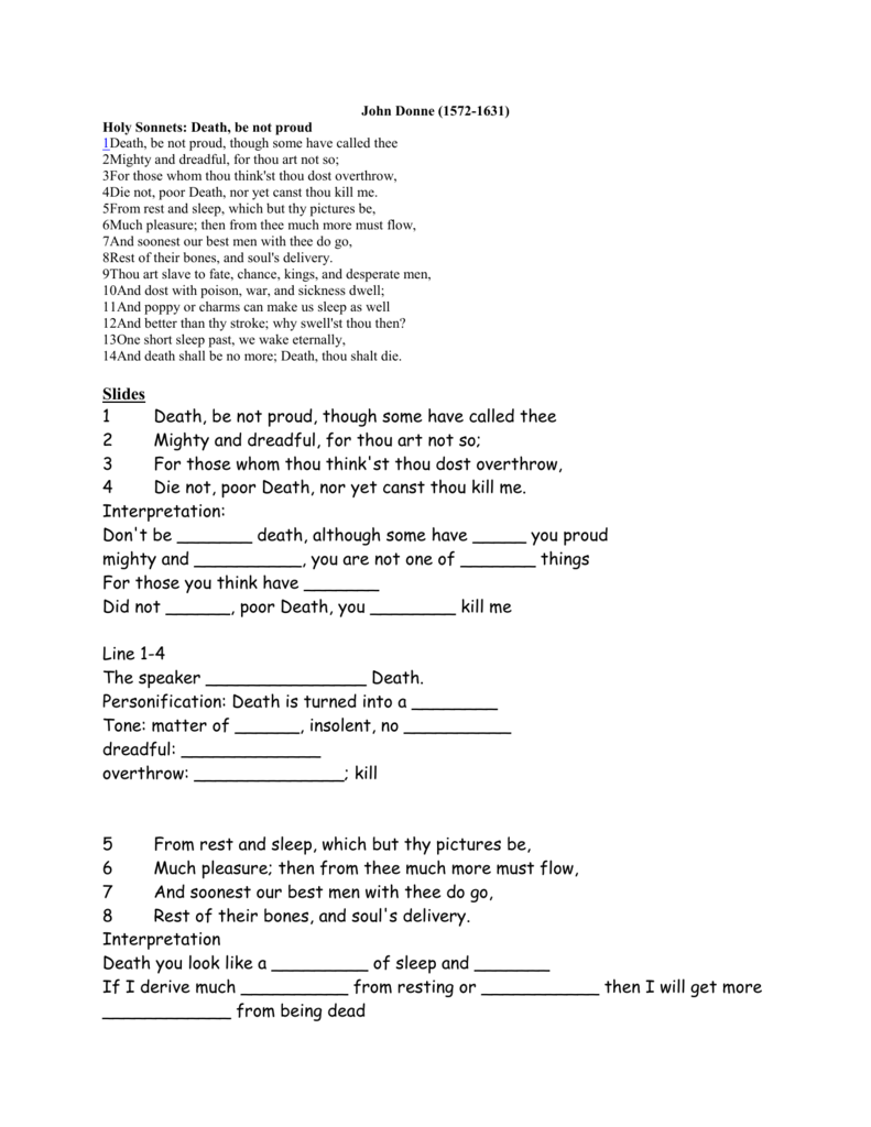 John Donne Death Be Not Proud Worksheet What I The Message Of Poem By 