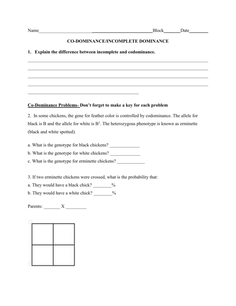 CO DOMINANCE INCOMPLETE DOMINANCE Worksheet 2
