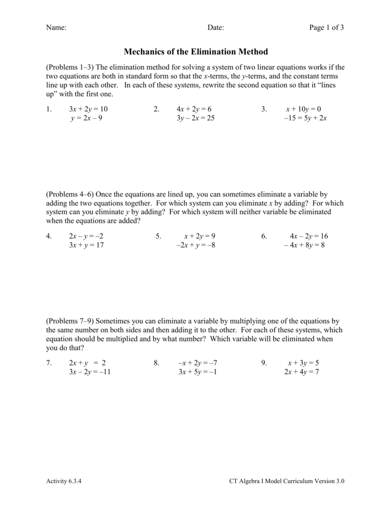 Mechanics of the Elimination Method For Solving System By Elimination Worksheet