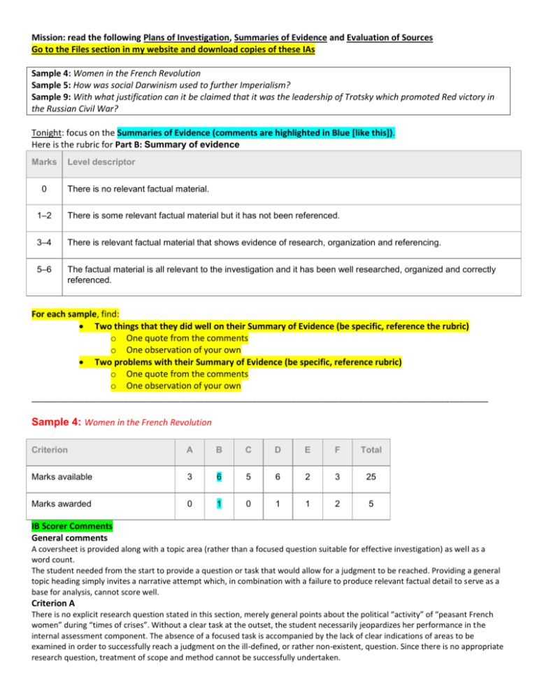 IA Summary Of Evidence Rubric And IB Scores