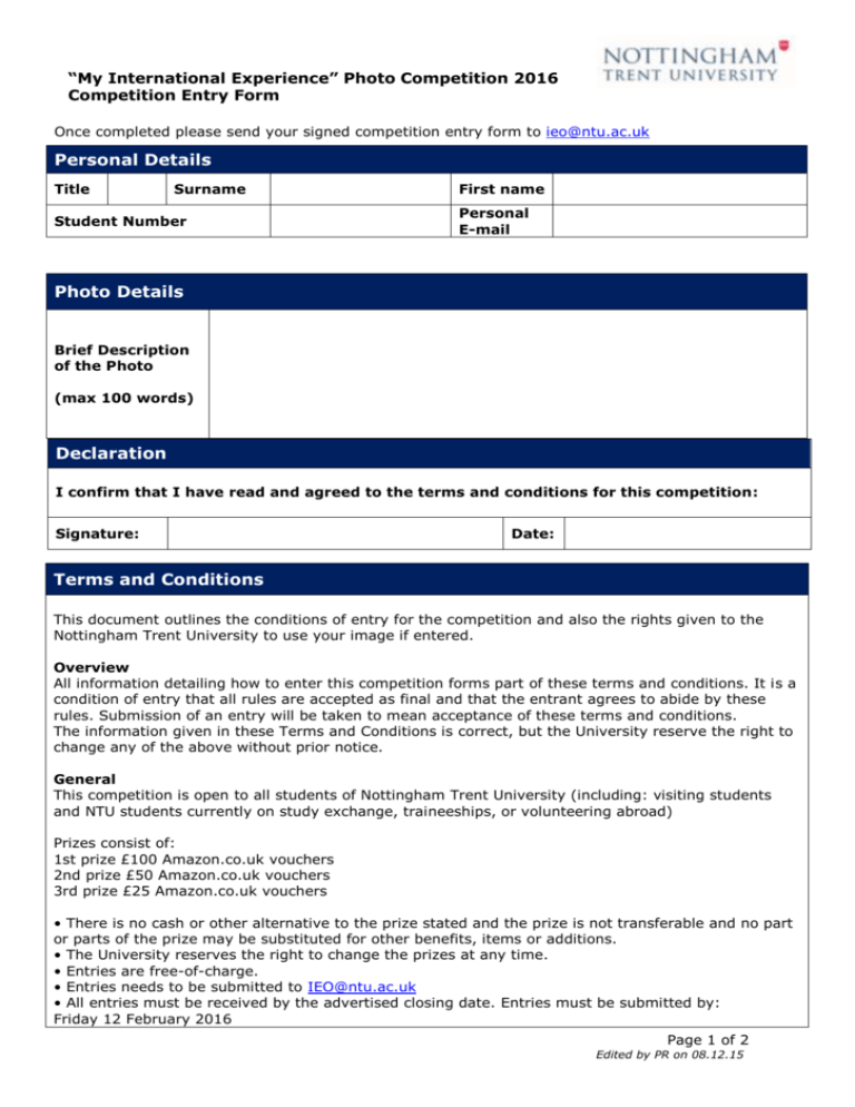 Entry Form Nottingham Trent University