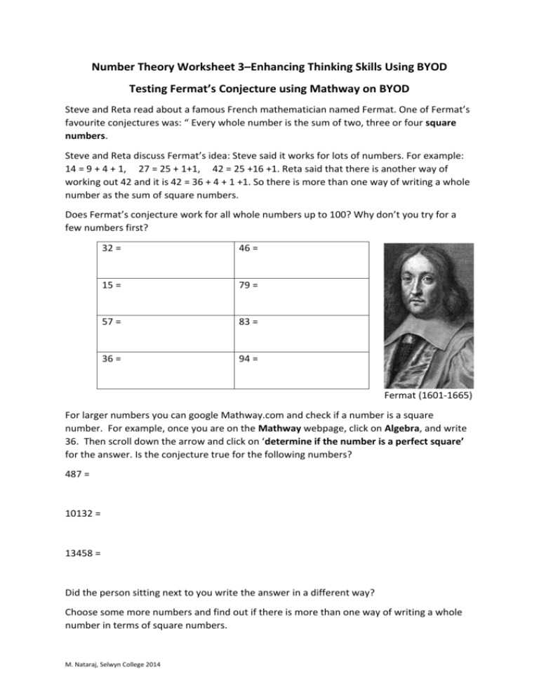Number Theory Worksheet 3 Fermat s Conjecture