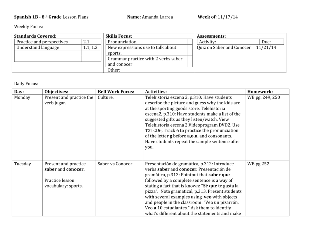 Spanish 25B - 25th Grade Lesson Plans Name: Amanda Larrea Week With Regard To Saber Vs Conocer Worksheet