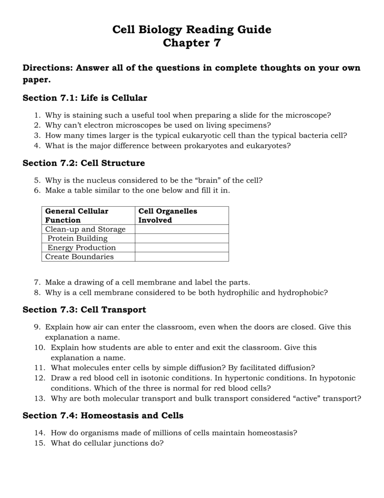 Cell Biology Reading Guide- For 7 3 Cell Transport Worksheet Answers%