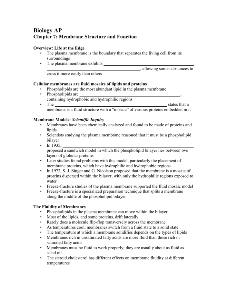 Biology AP Chapter 7 Membrane Structure And Function