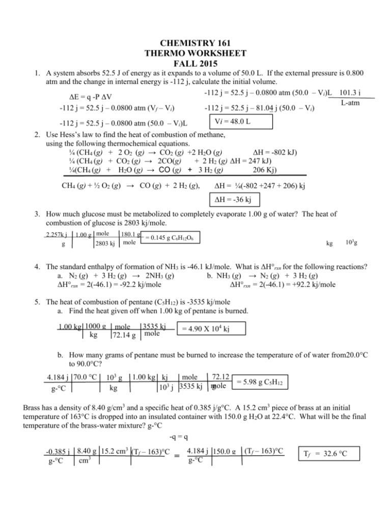 Thermochemistry Problems Worksheet Number One