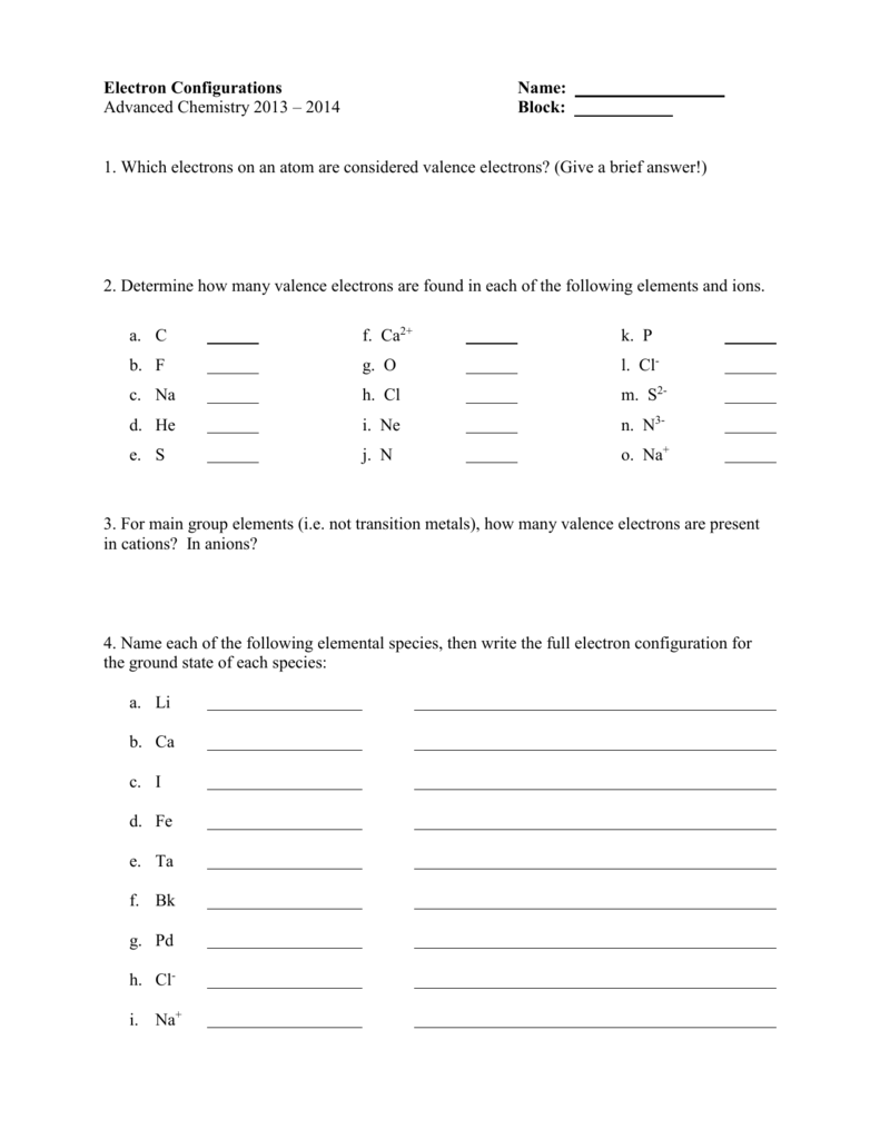 Electron Configuration Practice Worksheet Answers