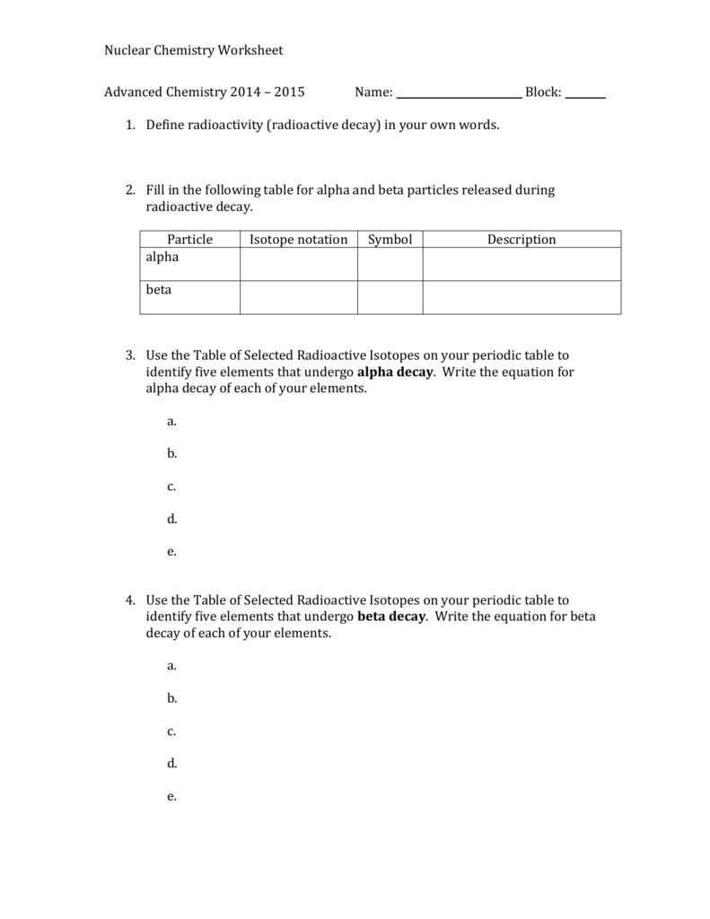Nuclear chemistry worksheet With Regard To Nuclear Chemistry Worksheet K