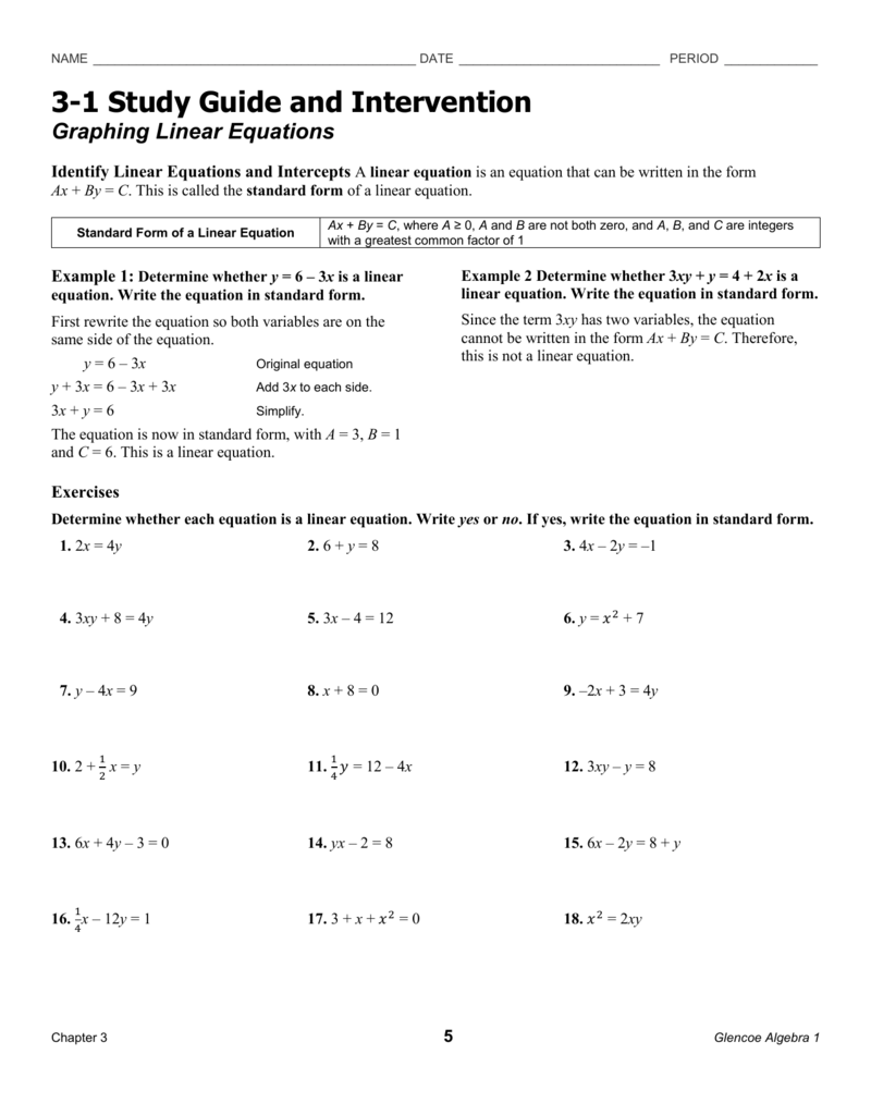 3 1 Study Guide And Intervention Graphing Linear Equations 3 1 Study Guide And Intervention Graphing Linear Equations