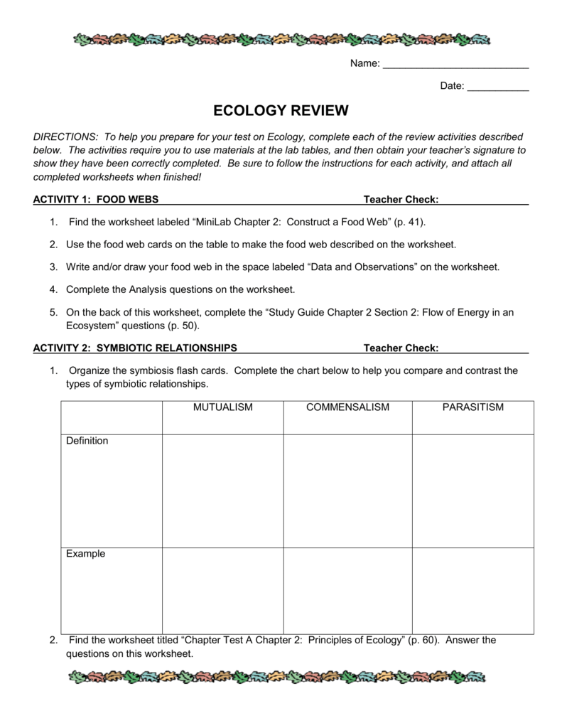 Ecology Review Worksheet 1 E Street Light