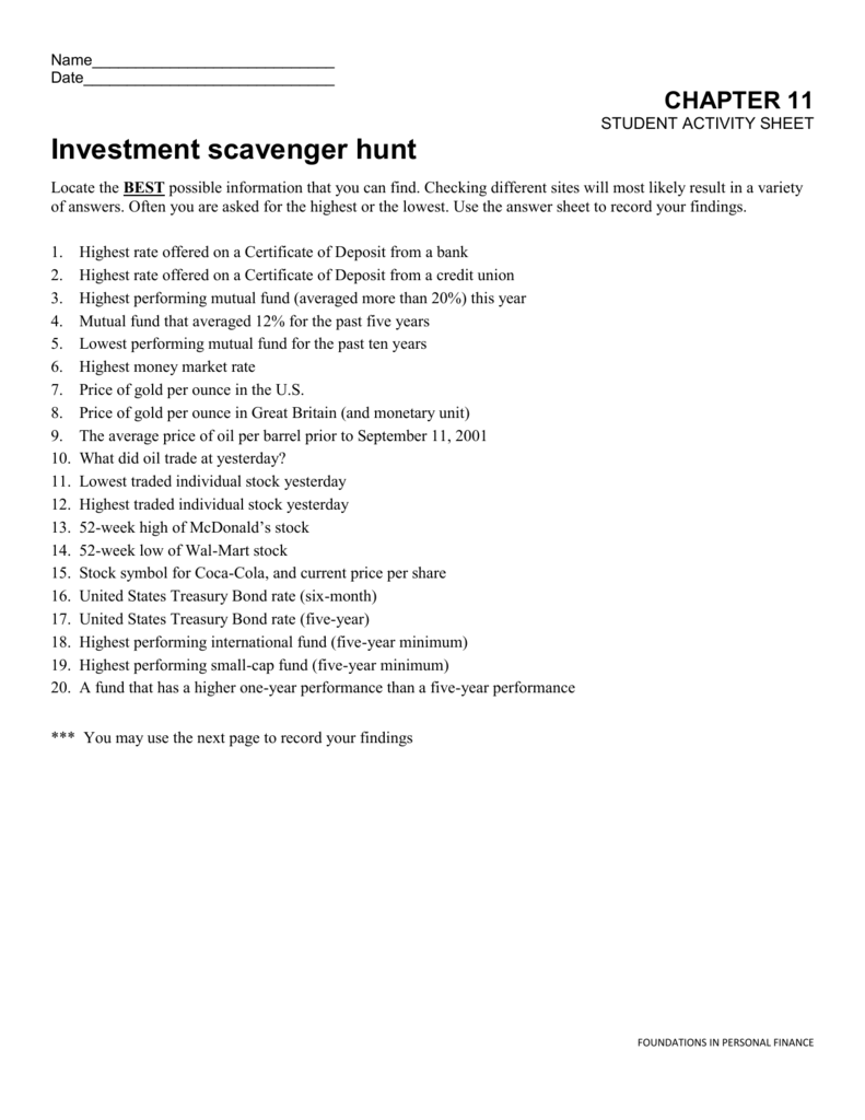 Internet Scavenger Hunt Worksheet