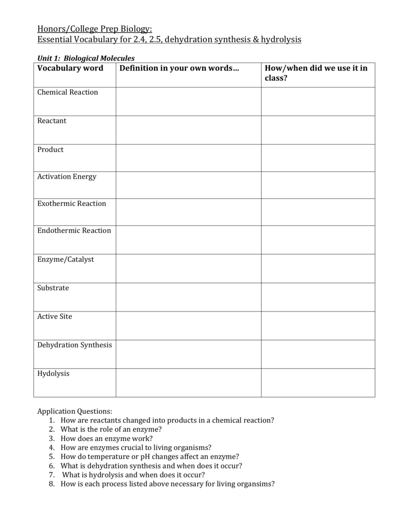 Dehydration Synthesis And Hydrolysis Worksheet Escolagersonalvesgui