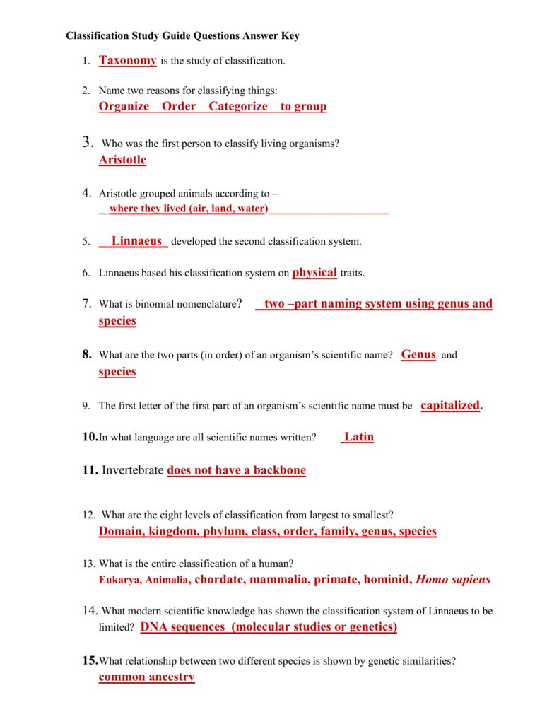 Taxonomy Within Biological Classification Worksheet Answer Key