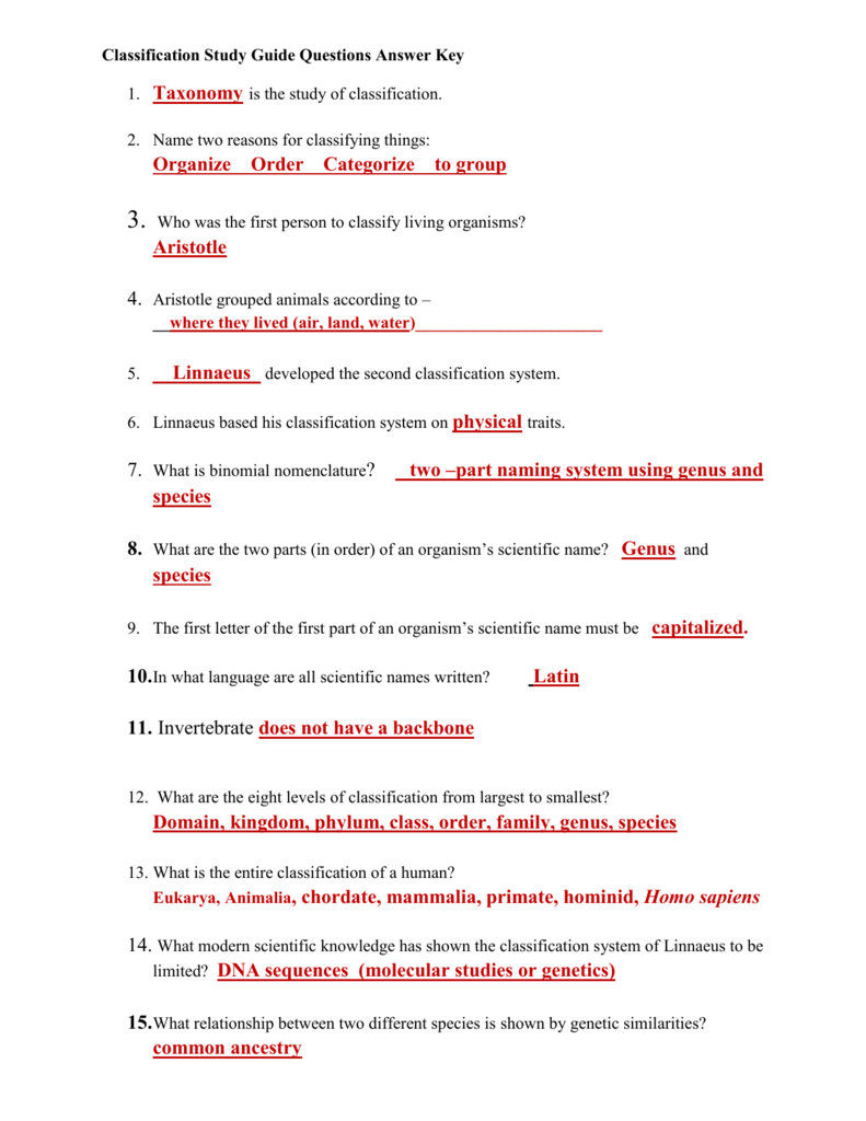 Taxonomy For Biological Classification Worksheet Answers