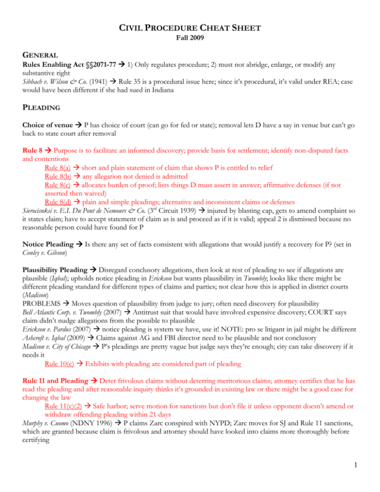 Civil Procedure Cheat Sheet