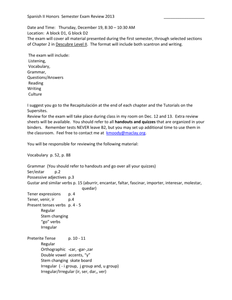 Spanish II Honors Semester Exam Review 2013 Date And Time