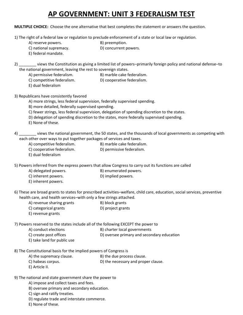 Ap Government Unit 3 Federalism Test