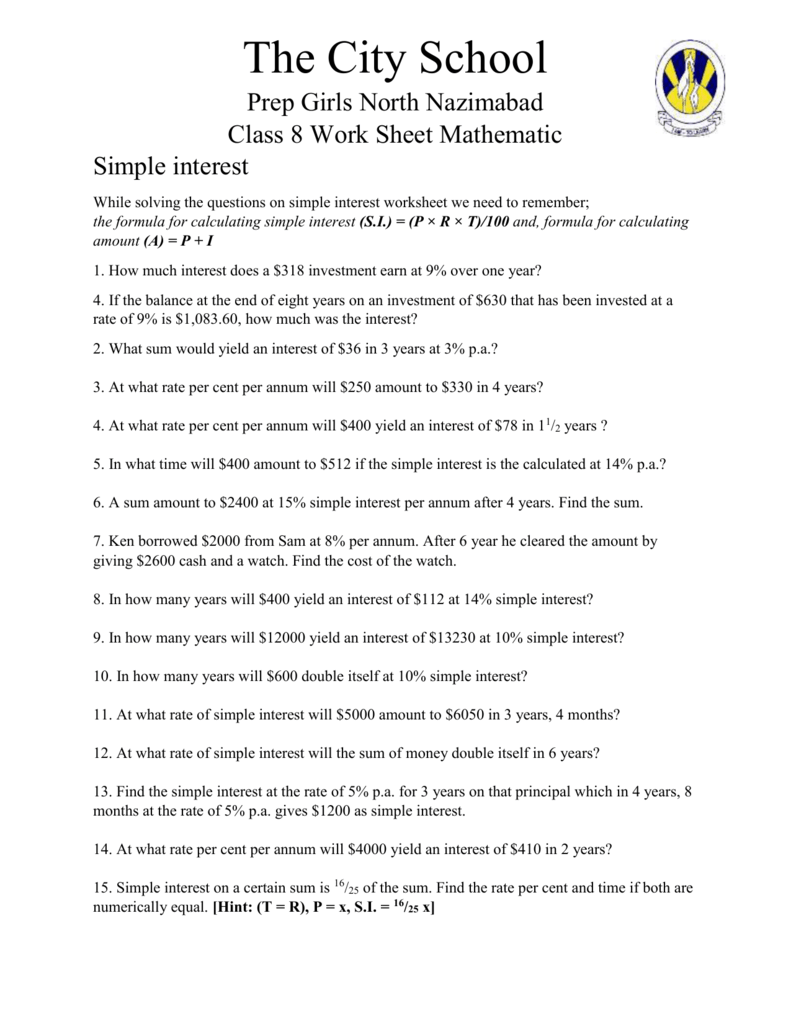 worksheet With Regard To Simple Interest Problems Worksheet