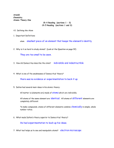Arnoldi Chemistry Atomic Theory One Ch 4 Reading (sections 1 – 3