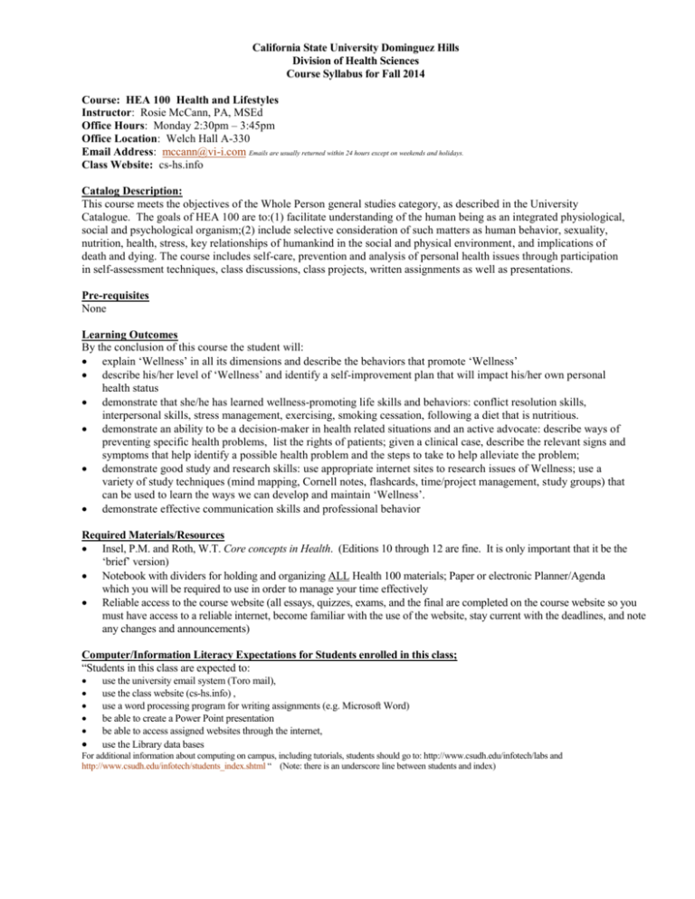 HEA 100 Syllabus.Fall 2014 CSUDH Health Science Course