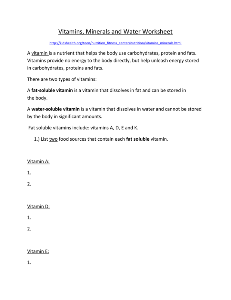 Free Printable Nutrient Worksheet For Middle Schoolers