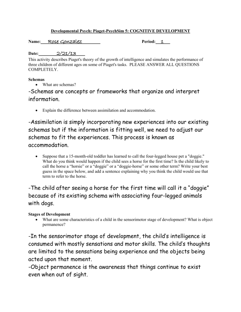 Piaget's stages of hotsell cognitive development worksheet answers