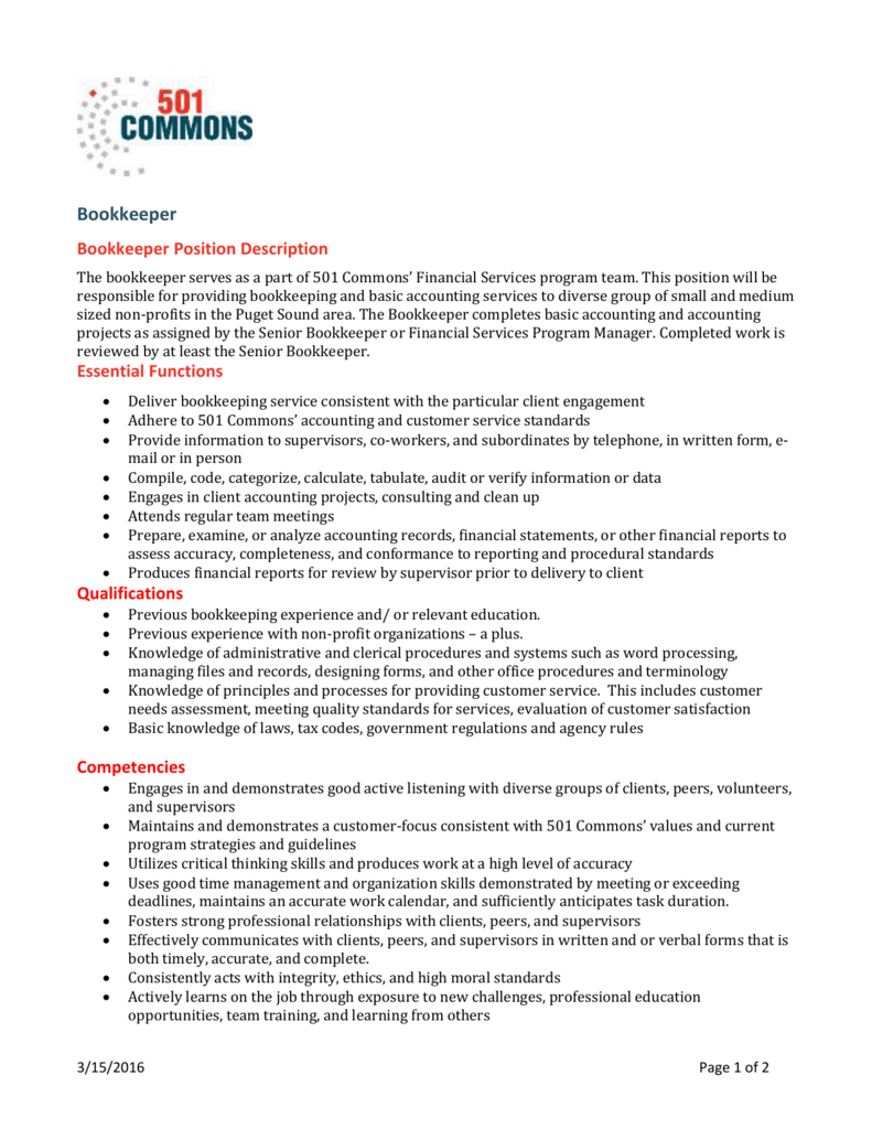 bookkeeper responsibilities resume