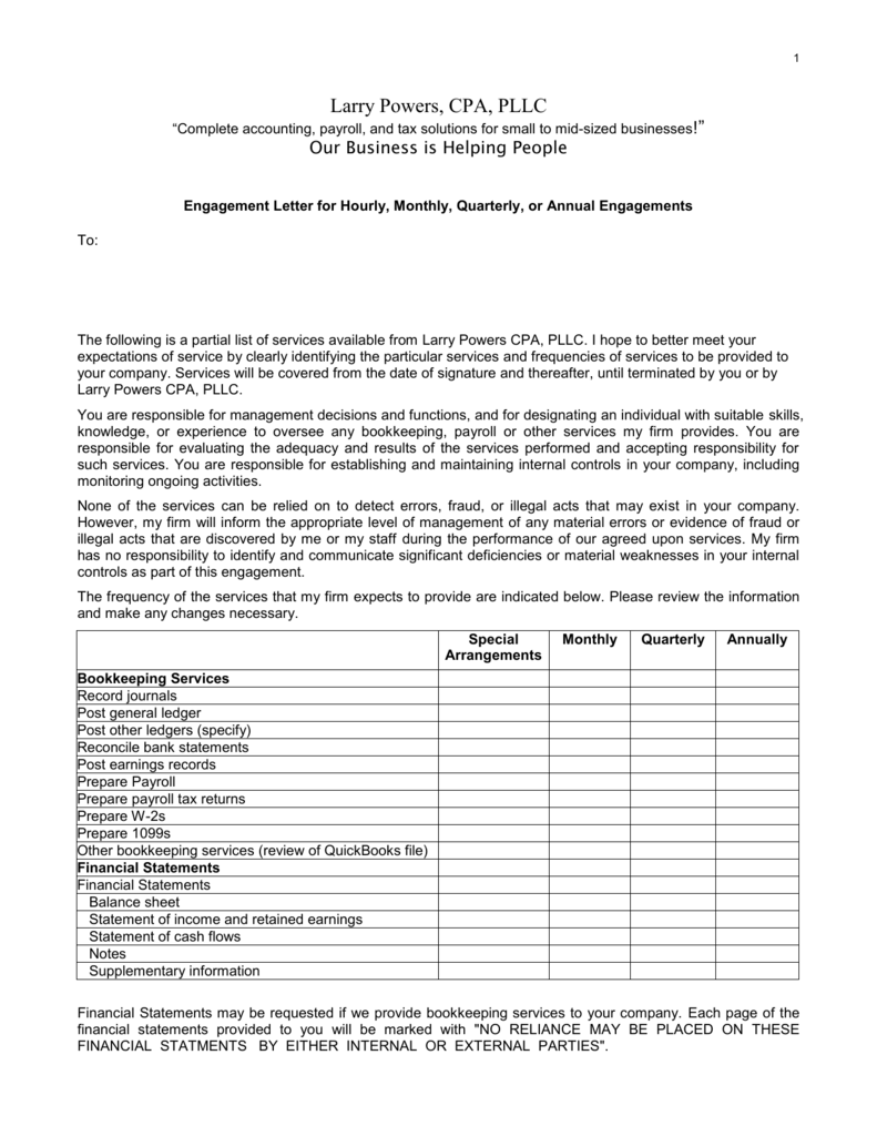 LPCPA Engagement letter With Regard To Bookkeeping Letter Of Engagement Template