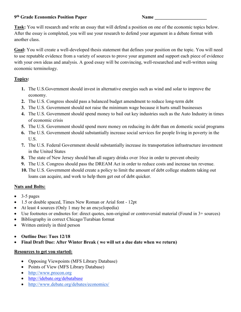 9th Grade Economics Position Paper Modified W