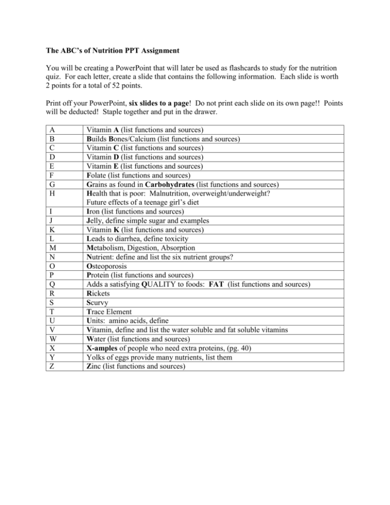 The ABC's of Nutrition PPT Assignment You will be creating a