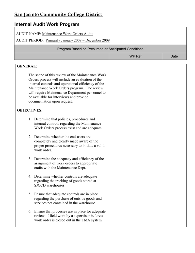 Maintenance Work Orders Audit Program