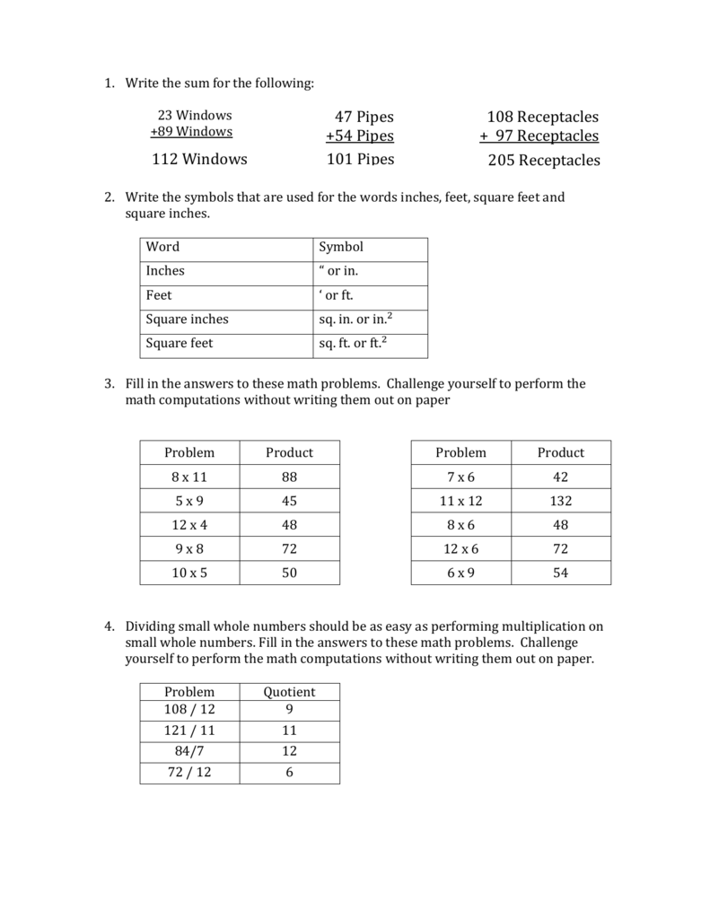 Construction Math Worksheet KEY