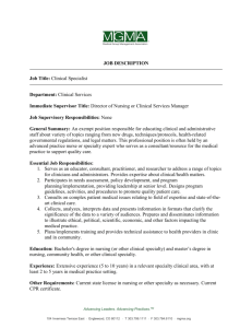 JOB DESCRIPTION Job Title: Clinical Specialist Department
