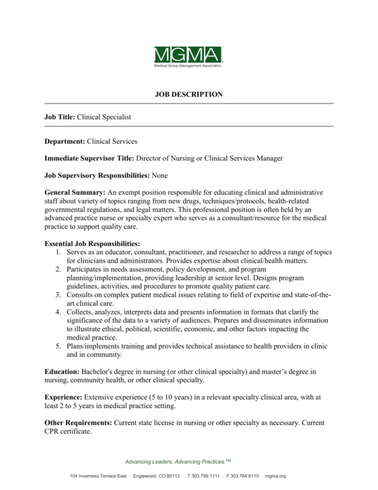 JOB DESCRIPTION Job Title Clinical Specialist Department
