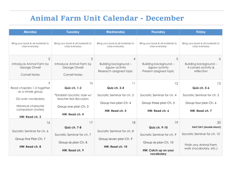 Animal Farm Unit Calendar