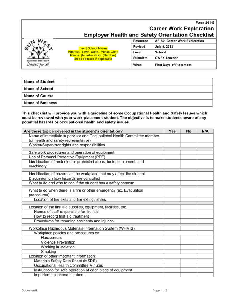 241 5 CWEX Employer Health And Safety Checklist