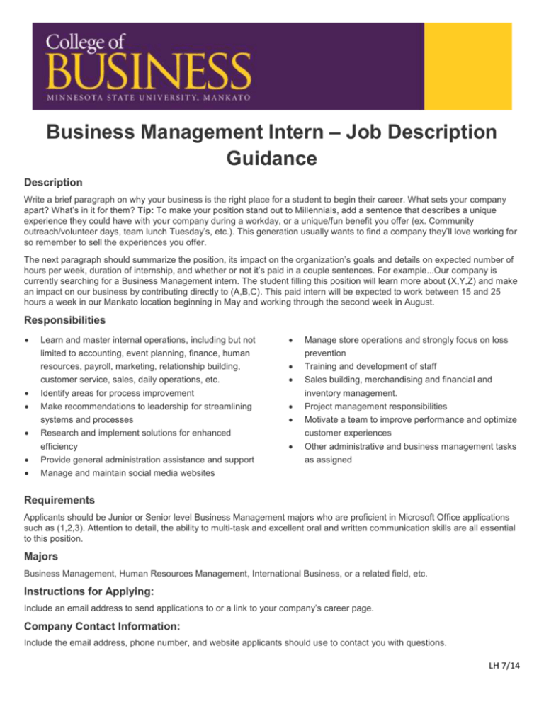 Project Manager Intern Job Description