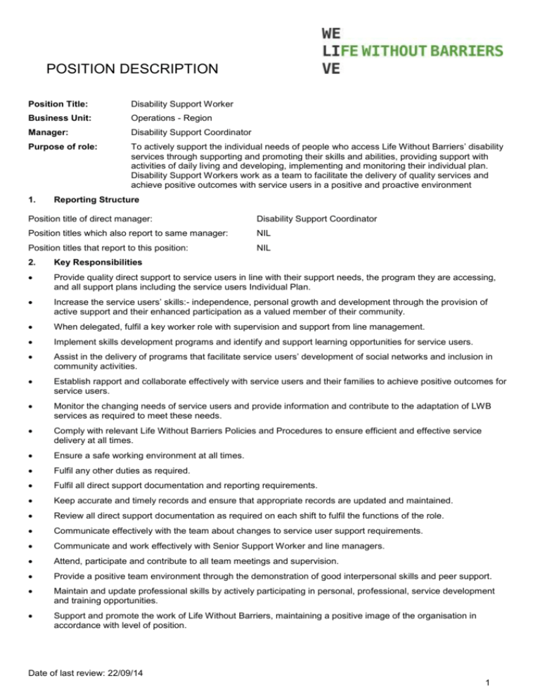 Disability Support Worker Job Description Resume