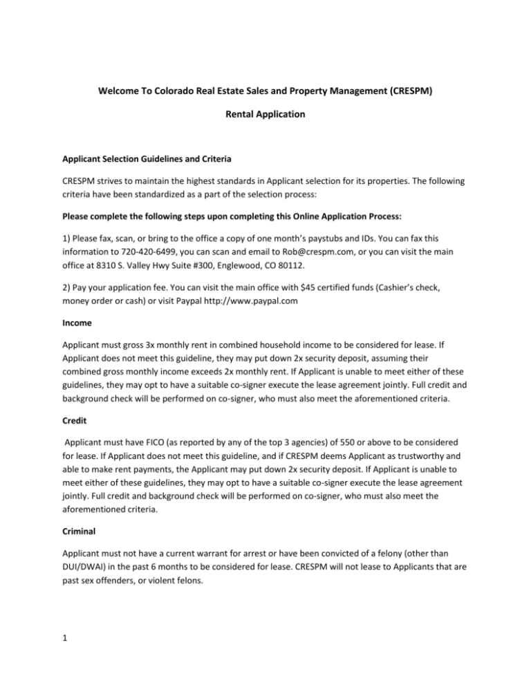 Rental Application and Guidelines Colorado Real Estate Sales and