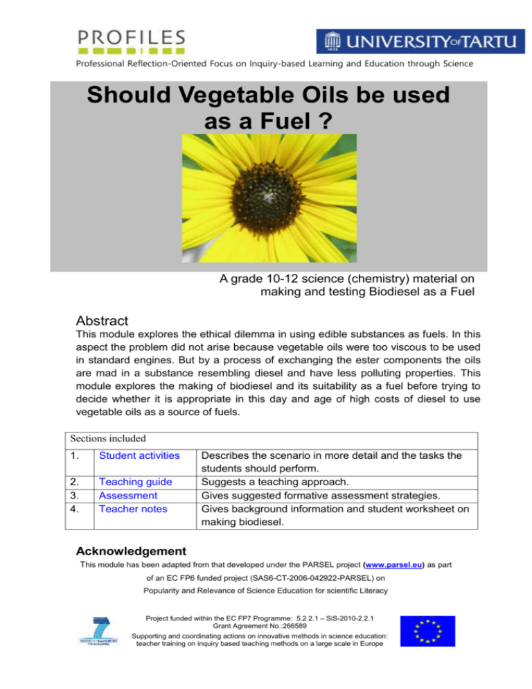 Should Vegetable Oil be used as a Fuel?