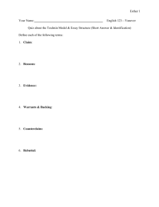 View or print the Toulmin Model and Essay Structure Quiz (MS