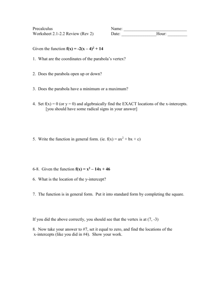 Precalculus Name Worksheet 2 1