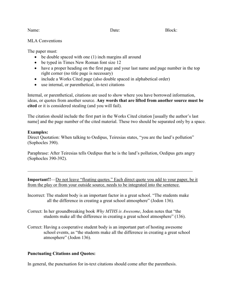 Conventions For Using Parenthetical Citations Worksheet