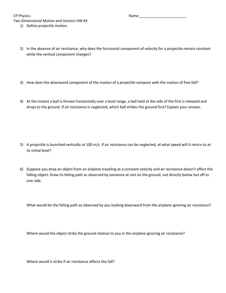 6  Two Dimensional Motion And Vectors Worksheet Answers Holt Physics